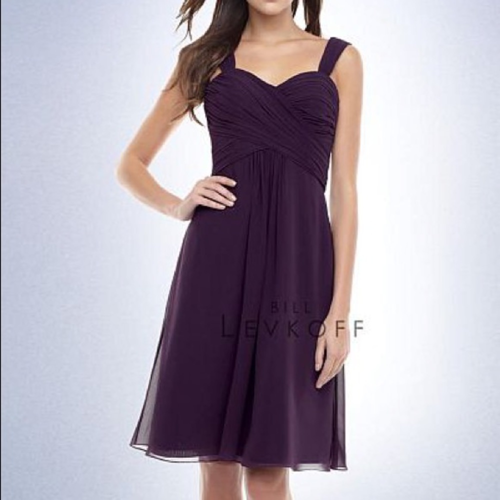 Bill Levkoff short purple chiffon fit & flare ruched bodice bridesmaid dress, 8